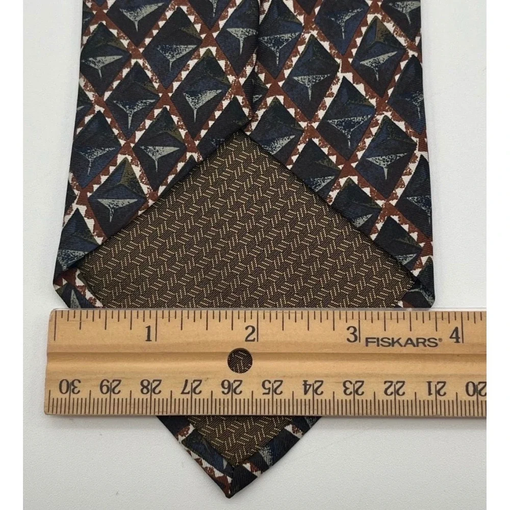 PIERRE BALMAIN Couture Tie‎ Mens OS Navy Blue Brown Geometric Silk Made in Italy